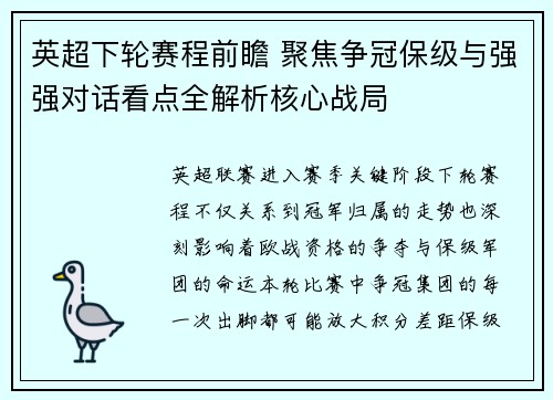 英超下轮赛程前瞻 聚焦争冠保级与强强对话看点全解析核心战局