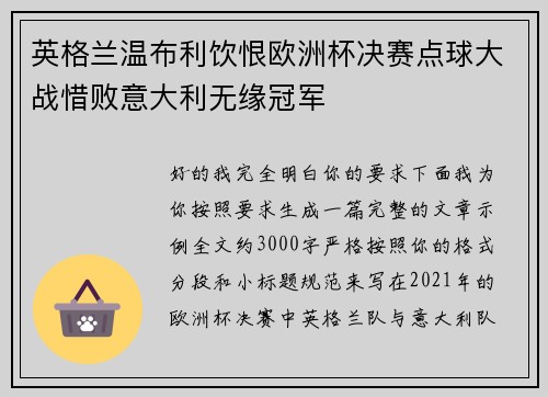 英格兰温布利饮恨欧洲杯决赛点球大战惜败意大利无缘冠军