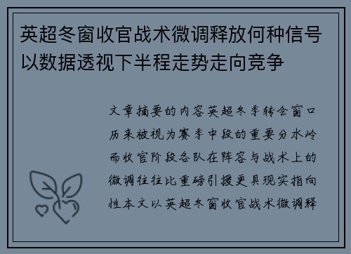 英超冬窗收官战术微调释放何种信号以数据透视下半程走势走向竞争 英超冬窗收官战术微调释放何种信号以数据透视下半程走势走向竞争