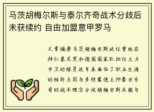 马茨胡梅尔斯与泰尔齐奇战术分歧后未获续约 自由加盟意甲罗马